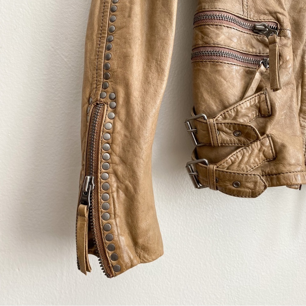 Women’s Leather Motorcycle Jacket Biker Studs Tan Zip Belt Collarless Western S - Picture 8 of 9